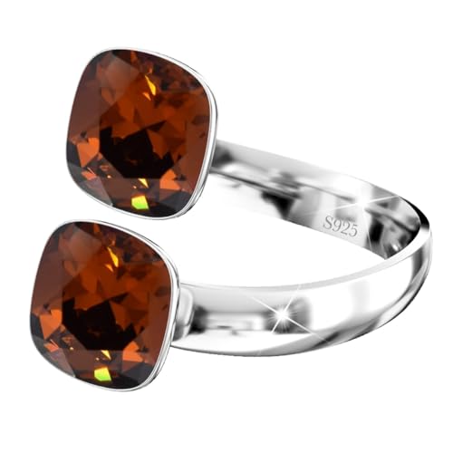 925 Sterling Silber Doppelt Kristall Ringe für Damen Verstellbarer mit Marken Kristalle - Glänzend Cubic Zirkonia Ring Fingerring Kommt in Schmuck Geschenk Box (Smoked Amber) von MŚ 1997 MENNICA ŚWIDNICKA