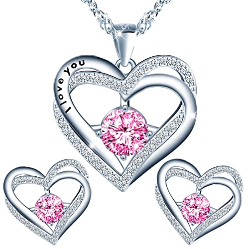 Herz Herzen Schmuckset 925 Silber Österreichische Zirkonia - Schmuck für Frauen und Mädchen - Hängeohrringe and Halskette Ideal für Frauen - Ohrringe mit Marken Kristalle (Rose) von MŚ 1997 MENNICA ŚWIDNICKA