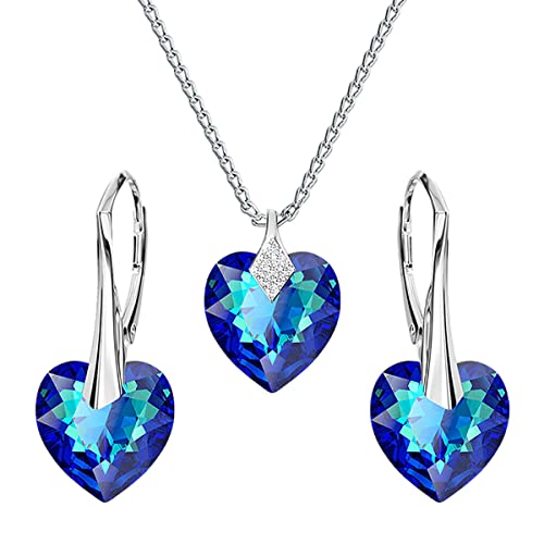 Herz Herzen Schmuckset 925 Silber Österreichische Zirkonia - Schmuck für Frauen und Mädchen - Hängeohrringe and Halskette Ideal für Geschenke für Frauen - Ohrringe mit Marken Kristalle (Bermuda Blue) von MŚ 1997 MENNICA ŚWIDNICKA