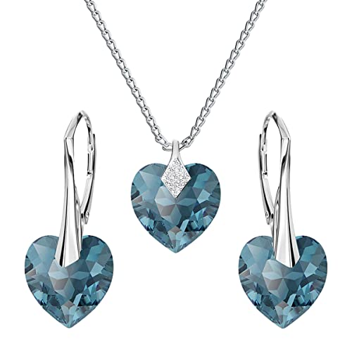 Herz Herzen Schmuckset 925 Silber Österreichische Zirkonia - Schmuck für Frauen und Mädchen - Hängeohrringe and Halskette Ideal für Geschenke für Frauen - Ohrringe mit Marken Kristalle (Denim Blue) von MŚ 1997 MENNICA ŚWIDNICKA