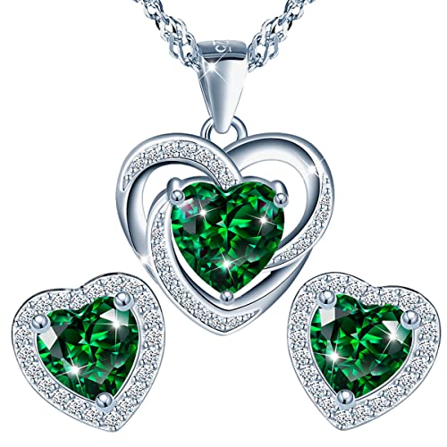 Herz Herzen Schmuckset 925 Silber Österreichische Zirkonia - Schmuck für Frauen und Mädchen - Hängeohrringe and Halskette Ideal für Geschenke für Frauen - Ohrringe mit Marken Kristalle (Emerald) von MŚ 1997 MENNICA ŚWIDNICKA