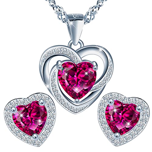 Herz Herzen Schmuckset 925 Silber Österreichische Zirkonia - Schmuck für Frauen und Mädchen - Hängeohrringe and Halskette Ideal für Geschenke für Frauen - Ohrringe mit Marken Kristalle (Fuchsia) von MŚ 1997 MENNICA ŚWIDNICKA