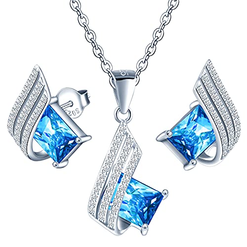 MŚ 1997 MENNICA ŚWIDNICKA 11 FARBEN Ohrringe Silber 925 mit Halskette Damen Set - Hochwertige Österreichische Kristalle und Zirkone - Schmuck Kette damen - Ohrringe Set mit Halskette (Aquamarine) von MŚ 1997 MENNICA ŚWIDNICKA