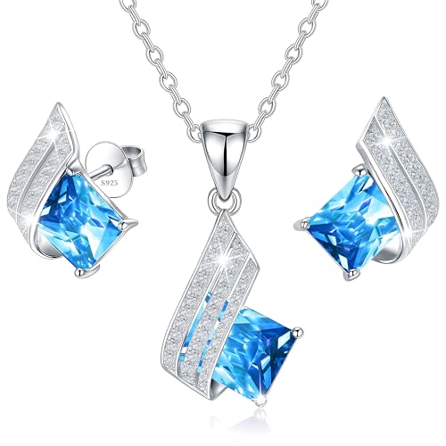 MŚ 1997 MENNICA ŚWIDNICKA 11 FARBEN Ohrringe Silber 925 mit Halskette Damen Set - Hochwertige Österreichische Kristalle und Zirkone - Schmuck Kette damen - Ohrringe Set mit Halskette (Aquamarine) von MŚ 1997 MENNICA ŚWIDNICKA