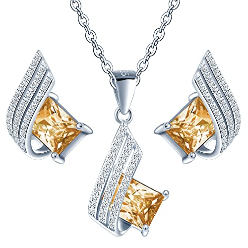 MŚ 1997 MENNICA ŚWIDNICKA 11 FARBEN Ohrringe Silber 925 mit Halskette Damen Set - Hochwertige Österreichische Kristalle und Zirkone - Schmuck Kette damen - Ohrringe Set mit Halskette (Golden Shadow) von MŚ 1997 MENNICA ŚWIDNICKA