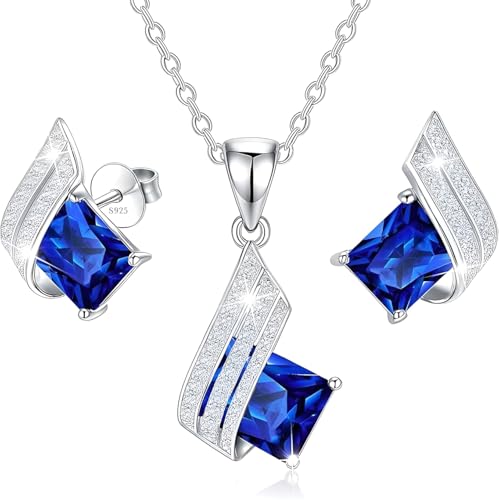 MŚ 1997 MENNICA ŚWIDNICKA 11 FARBEN Ohrringe Silber 925 mit Halskette Damen Set - Hochwertige Österreichische Kristalle und Zirkone - Schmuck Kette damen - Ohrringe Set mit Halskette (Sapphire) von MŚ 1997 MENNICA ŚWIDNICKA