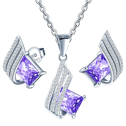 MŚ 1997 MENNICA ŚWIDNICKA 11 FARBEN Ohrringe Silber 925 mit Halskette Damen Set - Hochwertige Österreichische Kristalle und Zirkone - Schmuck Kette damen - Ohrringe Set mit Halskette (Violet) von MŚ 1997 MENNICA ŚWIDNICKA