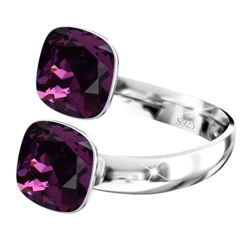 925 Sterling Silber Doppelt Kristall Ringe für Damen Verstellbarer mit Marken Kristalle - Glänzend Cubic Zirkonia Ring Fingerring Kommt in Schmuck Geschenk Box (Ametyst) von MŚ 1997 MENNICA ŚWIDNICKA
