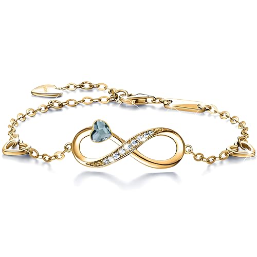 MŚ 1997 MENNICA ŚWIDNICKA 925 Sterling Silber Infinity Damen Armband Vergoldet 24 K Unendlichkeit Herz Armbänder Marken Kristallen Verstellbar Armkette Frauen Mädchen Geschenk (Denim Blue) von MŚ 1997 MENNICA ŚWIDNICKA