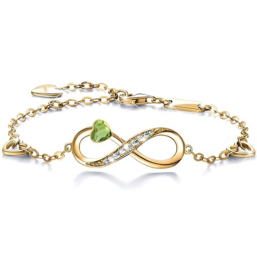 MŚ 1997 MENNICA ŚWIDNICKA 925 Sterling Silber Infinity Damen Armband Vergoldet 24 K Unendlichkeit Herz Armbänder Marken Kristallen Verstellbar Armkette Frauen Mädchen Geschenk (Peridot) von MŚ 1997 MENNICA ŚWIDNICKA