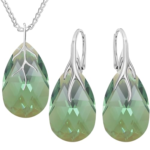 MŚ 1997 MENNICA ŚWIDNICKA Almond Ohrringe Silber 925 mit Halskette Damen Set - Hochwertige Zirkone - Schmuck Kette damen - Ohrringe Set mit Halskette Ideal Geschenkidee (Erinite Shimmer) von MŚ 1997 MENNICA ŚWIDNICKA