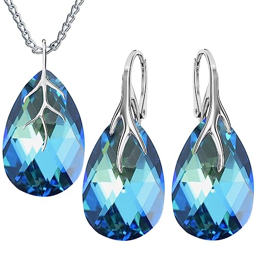 MŚ 1997 MENNICA ŚWIDNICKA Almond Ohrringe Silber 925 mit Halskette Damen Set - Hochwertige Zirkone - Schmuck Kette damen - Ohrringe Set mit Halskette Ideal Geschenkidee (Bermuda Blue) von MŚ 1997 MENNICA ŚWIDNICKA