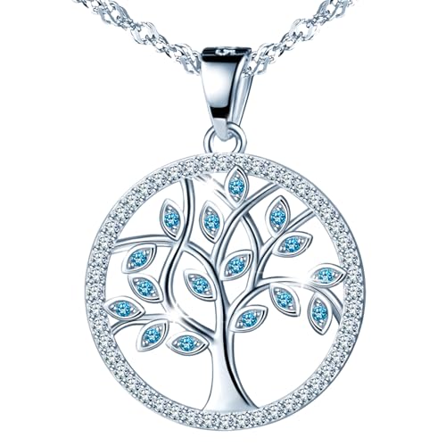 MŚ 1997 MENNICA ŚWIDNICKA Eule Baum des Lebens Damen Halskette 925 Sterling Silber mit Marken Kristalle Anhänger Kette SilberKette Geschenk für Frau zum Geburtstag (Aquamarine) von MŚ 1997 MENNICA ŚWIDNICKA