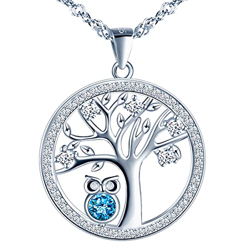 MŚ 1997 MENNICA ŚWIDNICKA Kette Damen Eule Eulenbaum des Lebens Silber 925 - Österreichische Zirkone - Einzigartige Geschenke für Frauen mit Attraktivem Design Geschenk (Aquamarine) von MŚ 1997 MENNICA ŚWIDNICKA