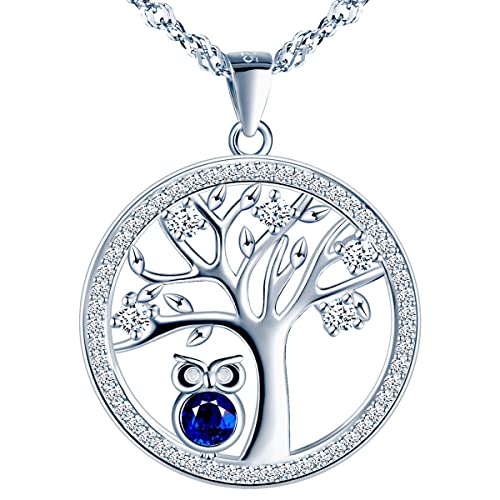 MŚ 1997 MENNICA ŚWIDNICKA Kette Damen Eule Eulenbaum des Lebens Silber 925 - Österreichische Zirkone - Einzigartige Geschenke für Frauen mit Attraktivem Design Geschenk (Sapphir) von MŚ 1997 MENNICA ŚWIDNICKA