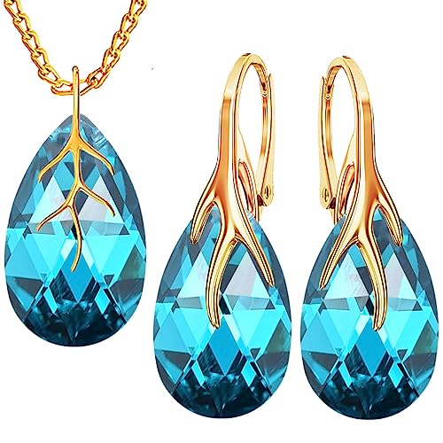 MŚ 1997 MENNICA ŚWIDNICKA Ohrringe Silber 925 mit Halskette Damen Set - Vergoldet 24 K - Hochwertige Zirkone - Schmuck Kette damen - Ohrringe Set mit Halskette Ideal Geschenkidee (Blue Zircon) von MŚ 1997 MENNICA ŚWIDNICKA