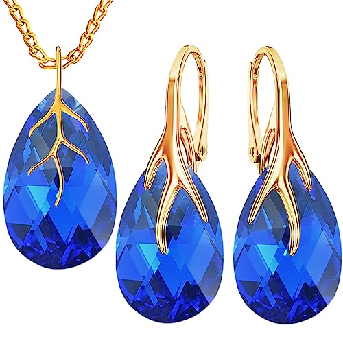 MŚ 1997 MENNICA ŚWIDNICKA Ohrringe Silber 925 mit Halskette Damen Set - Vergoldet 24 K - Hochwertige Zirkone - Schmuck Kette damen - Ohrringe Set mit Halskette Ideal Geschenkidee (Capri Blue) von MŚ 1997 MENNICA ŚWIDNICKA