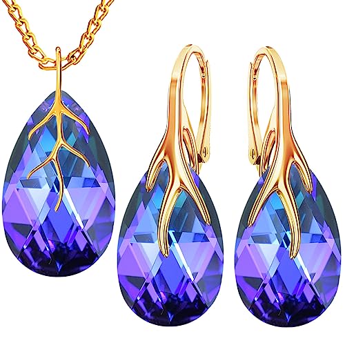 MŚ 1997 MENNICA ŚWIDNICKA Ohrringe Silber 925 mit Halskette Damen Set - Vergoldet 24 K - Hochwertige Zirkone - Schmuck Kette damen - Ohrringe Set mit Halskette Ideal Geschenkidee (Heliotrope) von MŚ 1997 MENNICA ŚWIDNICKA