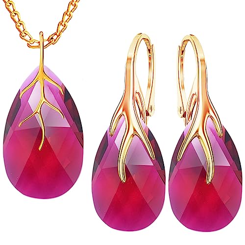 MŚ 1997 MENNICA ŚWIDNICKA Ohrringe Silber 925 mit Halskette Damen Set - Vergoldet 24 K - Hochwertige Zirkone - Schmuck Kette damen - Ohrringe Set mit Halskette Ideal Geschenkidee (Ruby) von MŚ 1997 MENNICA ŚWIDNICKA