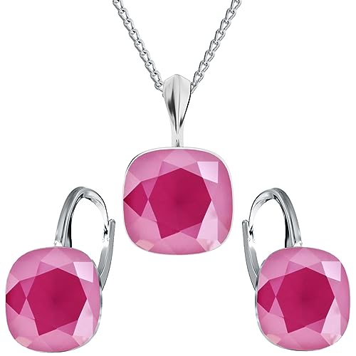MŚ 1997 MENNICA ŚWIDNICKA Schmuckset Ohrringe Silber 925 mit Halskette Damen Set - Hochwertige Marken Kristalle - Ohrringe mit Kette Geschenk für Frau (Peony Pink) von MŚ 1997 MENNICA ŚWIDNICKA