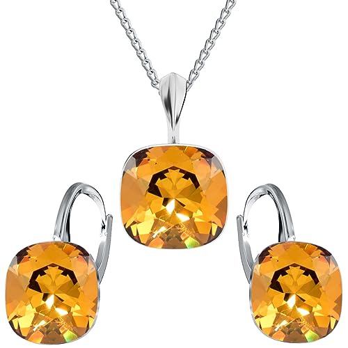 MŚ 1997 MENNICA ŚWIDNICKA Schmuckset Ohrringe Silber 925 mit Halskette Damen Set - Hochwertige Marken Kristalle - Ohrringe mit Kette Geschenk für Frau (Light Amber) von MŚ 1997 MENNICA ŚWIDNICKA