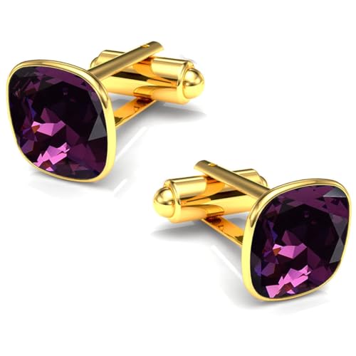 Manschettenknöpfe Herren Edelstahl 316L Vergoldet 24K – Quadratisch mit Kristall – Elegant & Zeitlos – Hochzeit, Business, Geschenk für Männer – Anzug Hemd Accessoire (Ametyst) von MŚ 1997 MENNICA ŚWIDNICKA