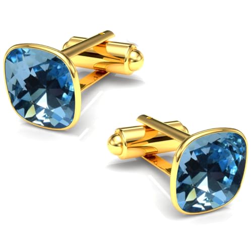 Manschettenknöpfe Herren Edelstahl 316L Vergoldet 24K – Quadratisch mit Kristall – Elegant & Zeitlos – Hochzeit, Business, Geschenk für Männer – Anzug Hemd Accessoire (Aquamarine) von MŚ 1997 MENNICA ŚWIDNICKA