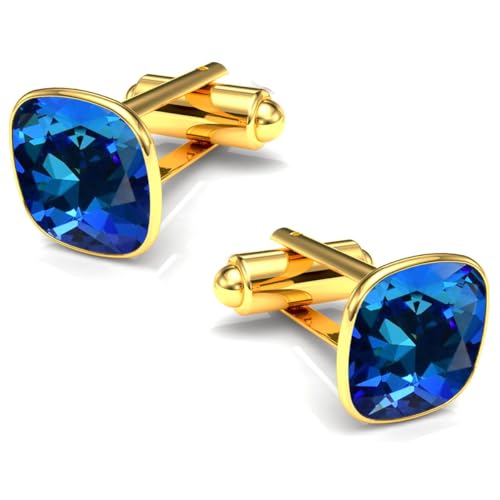 Manschettenknöpfe Herren Edelstahl 316L Vergoldet 24K – Quadratisch mit Kristall – Elegant & Zeitlos – Hochzeit, Business, Geschenk für Männer – Anzug Hemd Accessoire (Bermuda Blue) von MŚ 1997 MENNICA ŚWIDNICKA