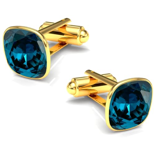 Manschettenknöpfe Herren Edelstahl 316L Vergoldet 24K – Quadratisch mit Kristall – Elegant & Zeitlos – Hochzeit, Business, Geschenk für Männer – Anzug Hemd Accessoire (Blue Zircon) von MŚ 1997 MENNICA ŚWIDNICKA