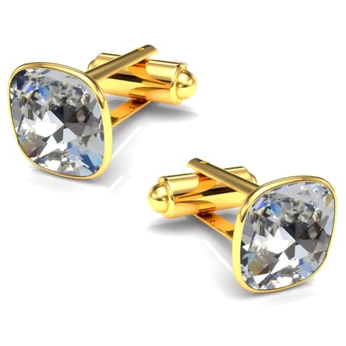 Manschettenknöpfe Herren Edelstahl 316L Vergoldet 24K – Quadratisch mit Kristall – Elegant & Zeitlos – Hochzeit, Business, Geschenk für Männer – Anzug Hemd Accessoire (Crystal) von MŚ 1997 MENNICA ŚWIDNICKA