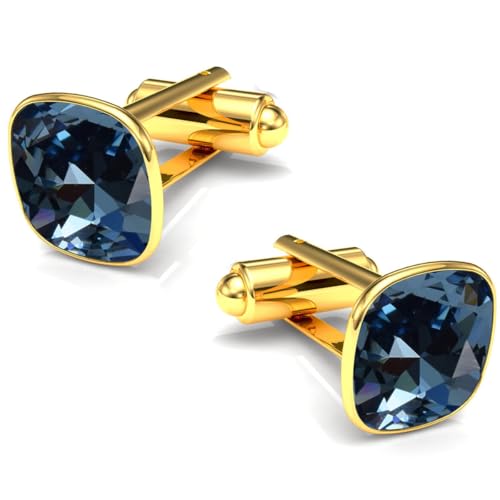 Manschettenknöpfe Herren Edelstahl 316L Vergoldet 24K – Quadratisch mit Kristall – Elegant & Zeitlos – Hochzeit, Business, Geschenk für Männer – Anzug Hemd Accessoire (Denim Blue) von MŚ 1997 MENNICA ŚWIDNICKA