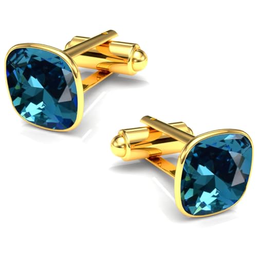 Manschettenknöpfe Herren Edelstahl 316L Vergoldet 24K – Quadratisch mit Kristall – Elegant & Zeitlos – Hochzeit, Business, Geschenk für Männer – Anzug Hemd Accessoire (Indygo) von MŚ 1997 MENNICA ŚWIDNICKA