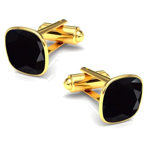 Manschettenknöpfe Herren Edelstahl 316L Vergoldet 24K – Quadratisch mit Kristall – Elegant & Zeitlos – Hochzeit, Business, Geschenk für Männer – Anzug Hemd Accessoire (Jet) von MŚ 1997 MENNICA ŚWIDNICKA