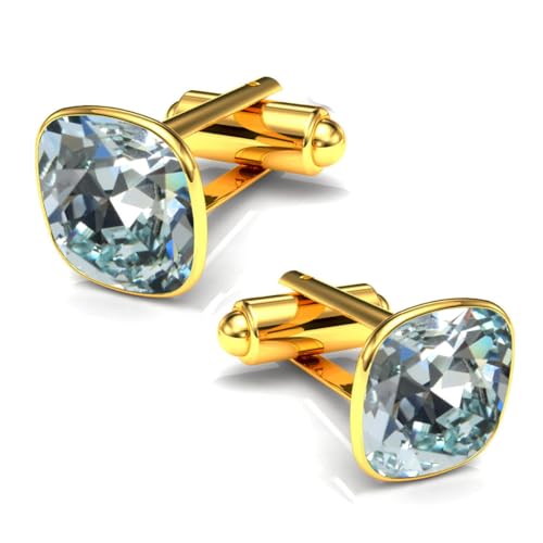 Manschettenknöpfe Herren Edelstahl 316L Vergoldet 24K – Quadratisch mit Kristall – Elegant & Zeitlos – Hochzeit, Business, Geschenk für Männer – Anzug Hemd Accessoire (Light Azore) von MŚ 1997 MENNICA ŚWIDNICKA