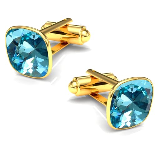 Manschettenknöpfe Herren Edelstahl 316L Vergoldet 24K – Quadratisch mit Kristall – Elegant & Zeitlos – Hochzeit, Business, Geschenk für Männer – Anzug Hemd Accessoire (Turkis) von MŚ 1997 MENNICA ŚWIDNICKA