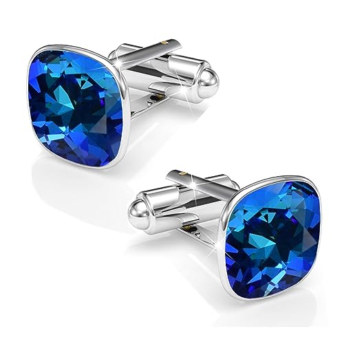 Manschettennadeln Echt Silber 925 Manschettenknöpfe Für Männer und Damen mit Marken Kristalle - Hochzeitsgeschenke Bräutigam Hochzeit Abschluss Vatertag Geschenke (Bermuda Blue) von MŚ 1997 MENNICA ŚWIDNICKA