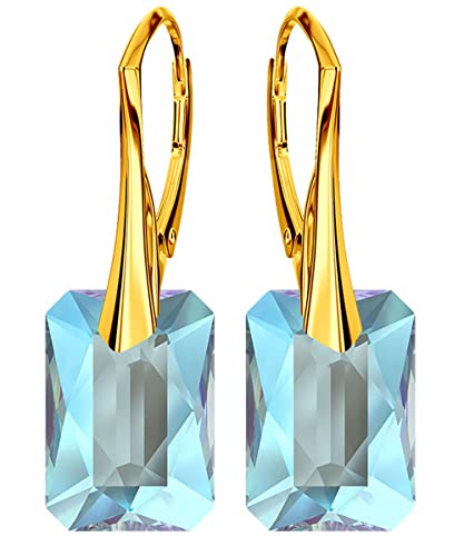 Ohrringe Damenohrringe Klapperverschluß Silber 925 Ohrhänger mit Kristallen Vergoldung mit Gelbgold 24 Karat / 750 Gold Ohrschmuck Geschenk für Frau Mädchen (Aquamarine Shimmer) von MŚ 1997 MENNICA ŚWIDNICKA