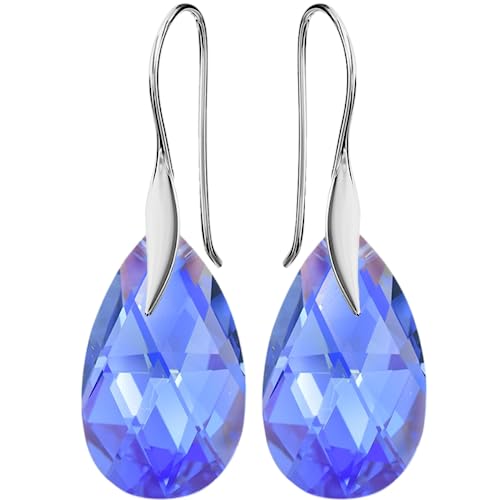 Pear Damen Hakenverschluß Hänge Ohrringe Echtes Silber 925 mit Marken Kristalle Zirkonia - Schmuck Echt Silberne Hängende Ohrhanger für Frauen und Mädchen - Hängeohrringe Ideal Geschenk (Tanzanite AB) von MŚ 1997 MENNICA ŚWIDNICKA