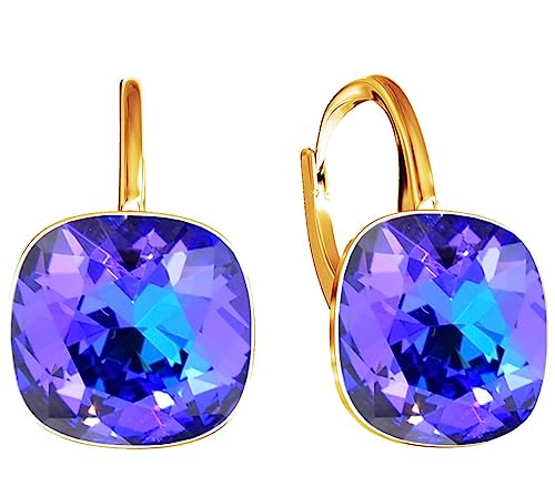 SQUARE Damen Hängend Ohrringe 925 Silber Marken Kristalle Zirkonia - 24 karat Vergoltet Schmuck für Frauen und Mädchen - Hängeohrringe Ideal für Geschenke (Heliotrope) von MŚ 1997 MENNICA ŚWIDNICKA
