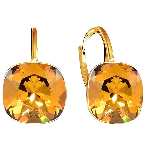 SQUARE Damen Hängend Ohrringe 925 Silber Marken Kristalle Zirkonia - 24 karat Vergoltet Schmuck für Frauen und Mädchen - Hängeohrringe Ideal für Geschenke (Light Amber) von MŚ 1997 MENNICA ŚWIDNICKA