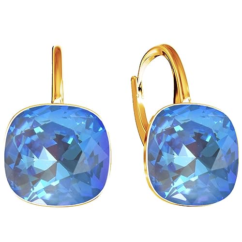 SQUARE Damen Hängend Ohrringe 925 Silber Marken Kristalle Zirkonia - 24 karat Vergoltet Schmuck für Frauen und Mädchen - Hängeohrringe Ideal für Geschenke (Light Sapphir Delite) von MŚ 1997 MENNICA ŚWIDNICKA