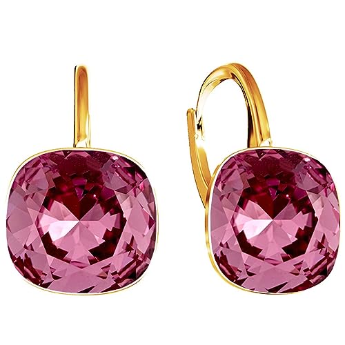 SQUARE Damen Hängend Ohrringe 925 Silber Marken Kristalle Zirkonia - 24 karat Vergoltet Schmuck für Frauen und Mädchen - Hängeohrringe Ideal für Geschenke (Rosa) von MŚ 1997 MENNICA ŚWIDNICKA