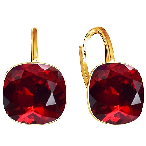 SQUARE Damen Hängend Ohrringe 925 Silber Marken Kristalle Zirkonia - 24 karat Vergoltet Schmuck für Frauen und Mädchen - Hängeohrringe Ideal für Geschenke (Rote) von MŚ 1997 MENNICA ŚWIDNICKA