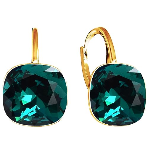 SQUARE Damen Hängend Ohrringe 925 Silber Marken Kristalle Zirkonia - 24 karat Vergoltet Schmuck für Frauen und Mädchen - Hängeohrringe Ideal für Geschenke (Smaragd) von MŚ 1997 MENNICA ŚWIDNICKA
