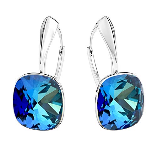 Square 12 mm Wunderbar Hängend Ohrringe 925 Silber Österreichische Zirkonia - Schmuck für Frauen und Mädchen - Hängeohrringe Ideal für Geschenke für Frauen (Bermuda Blue) von MŚ 1997 MENNICA ŚWIDNICKA