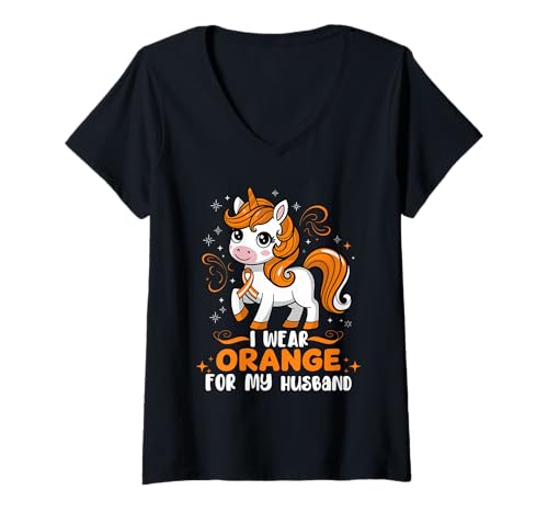 Damen MS Awareness Unicorn Ich trage Orange zur Unterstützung des Ehemanns T-Shirt mit V-Ausschnitt von MS Awareness Unicorn Love for Husband Apparel