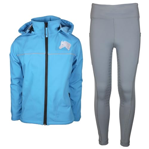 MS-Trachten Kinder Reitset Eva Softshell Reitjacke hellblau mit Silikon-Vollbesatz Reitleggings Grau (146/152) von MS-Trachten