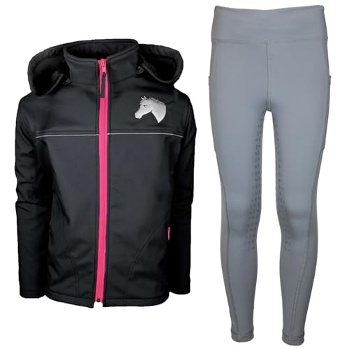 MS-Trachten Kinder Reitset Eva Softshell Reitjacke schwarz mit Silikon-Vollbesatz Reitleggings Grau (134/140) von MS-Trachten