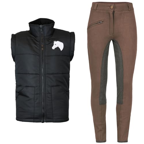 MS-Trachten Reitset Kinder Reitweste Mia schwarz gesteppt Fleecefutter mit brauner Reithose (134/140) von MS-Trachten
