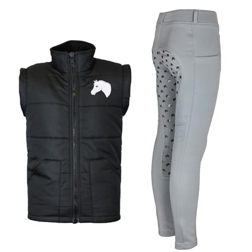 MS-Trachten Reitset Kinder Reitweste Mia schwarz gesteppt mit Reithose Hanni grau mit Silikonprints (134/140) von MS-Trachten